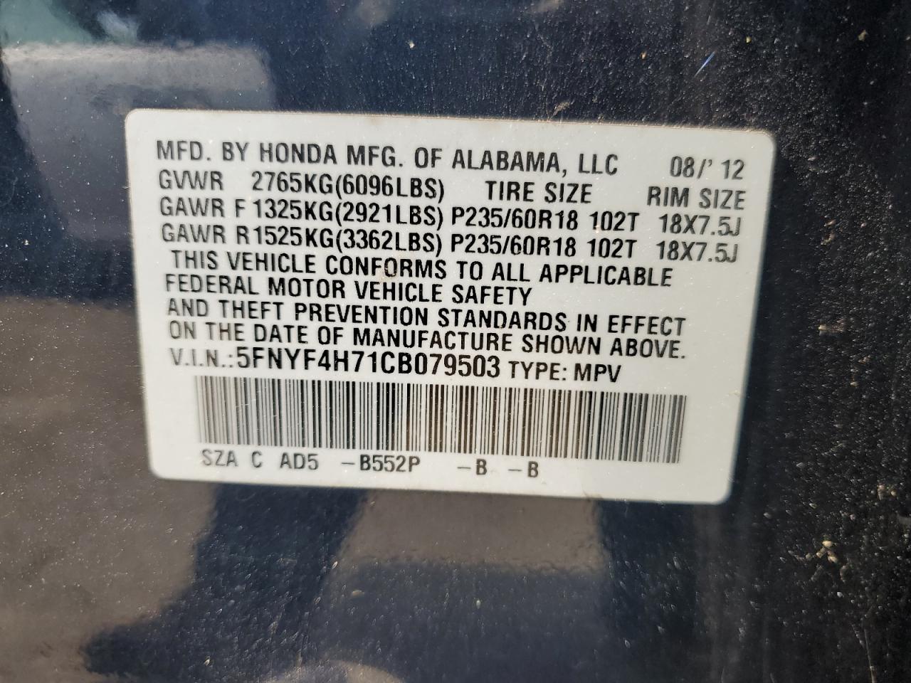 5FNYF4H71CB079503 2012 Honda Pilot Exln