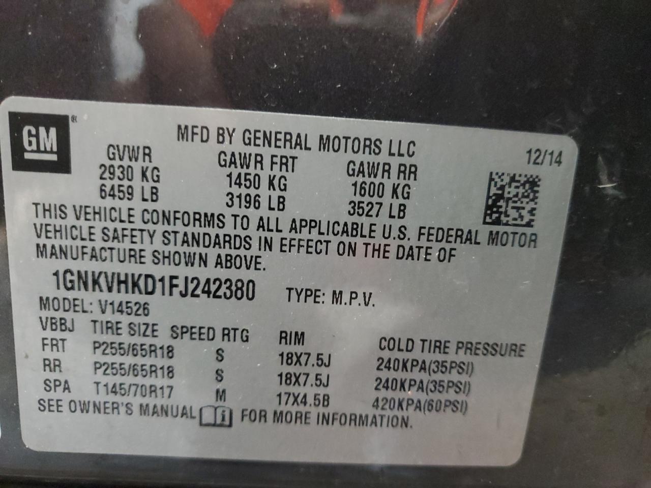 1GNKVHKD1FJ242380 2015 Chevrolet Traverse Lt