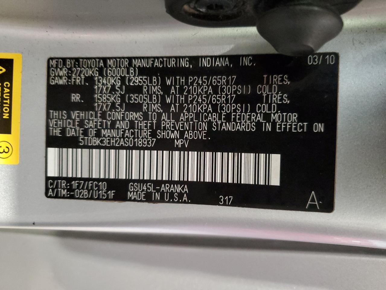 5TDBK3EH2AS018937 2010 Toyota Highlander