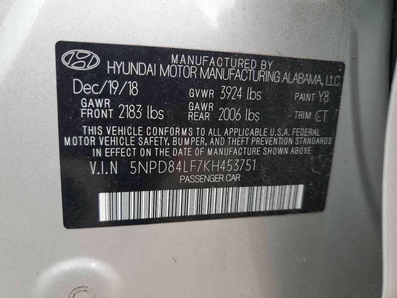 5NPD84LF7KH453751 2019 Hyundai Elantra Sel