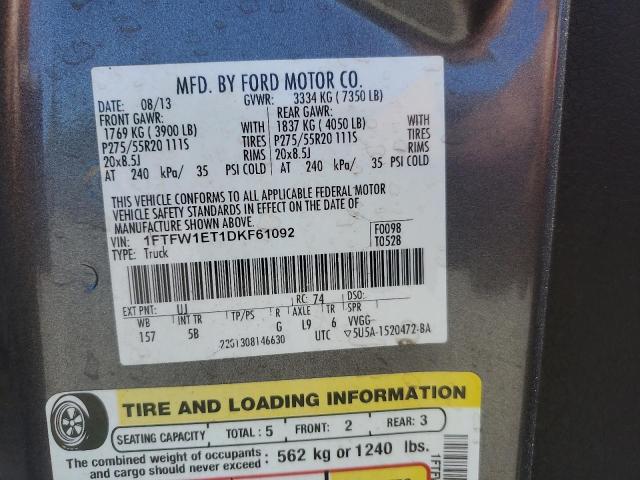 2013 Ford F150 Supercrew VIN: 1FTFW1ET1DKF61092 Lot: 60163914