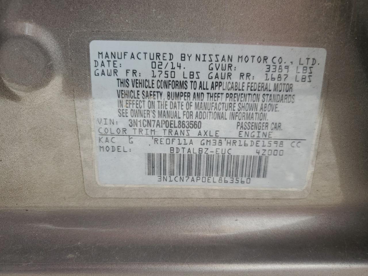 3N1CN7AP0EL863560 2014 Nissan Versa S