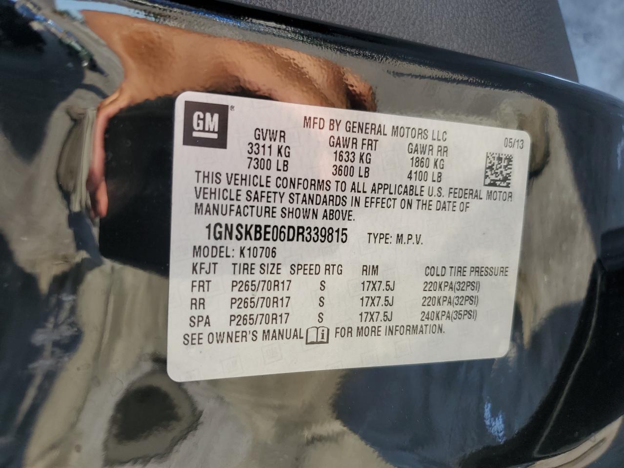 1GNSKBE06DR339815 2013 Chevrolet Tahoe K1500 Lt