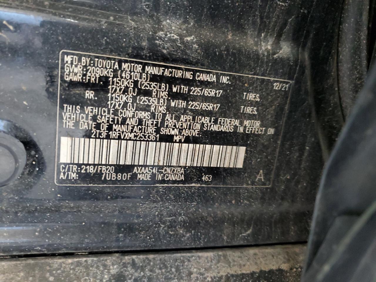 2T3F1RFVXMC253361 2021 Toyota Rav4 Le