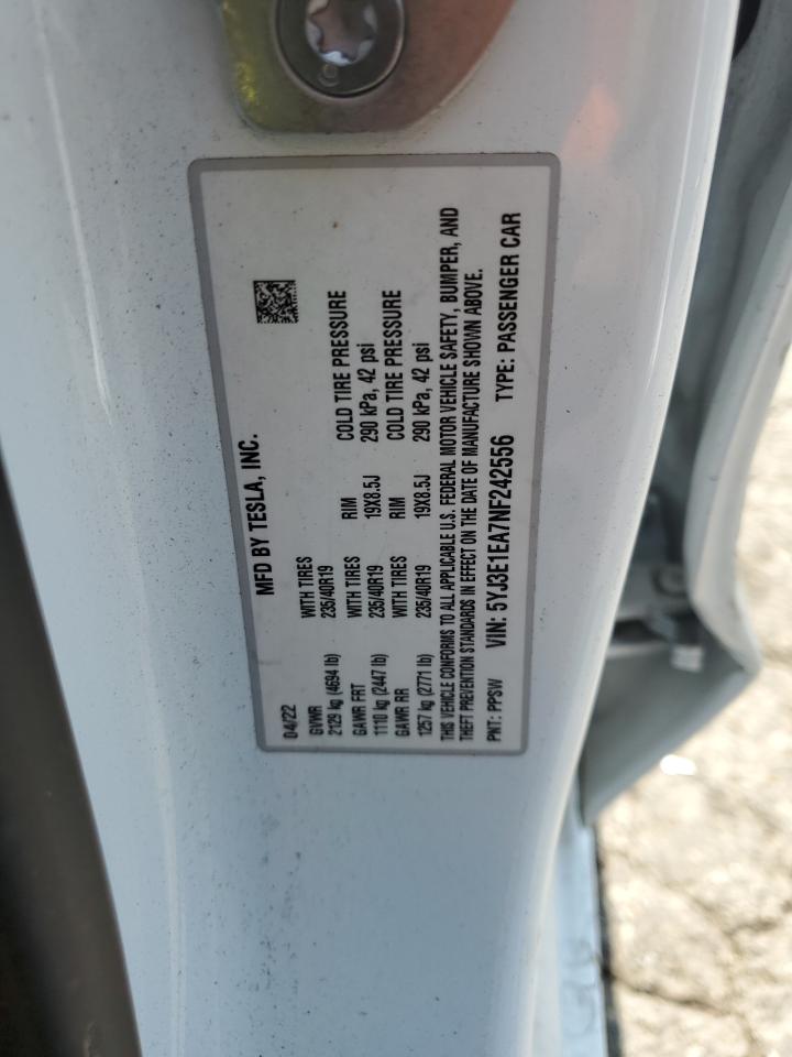 5YJ3E1EA7NF242556 2022 Tesla Model 3