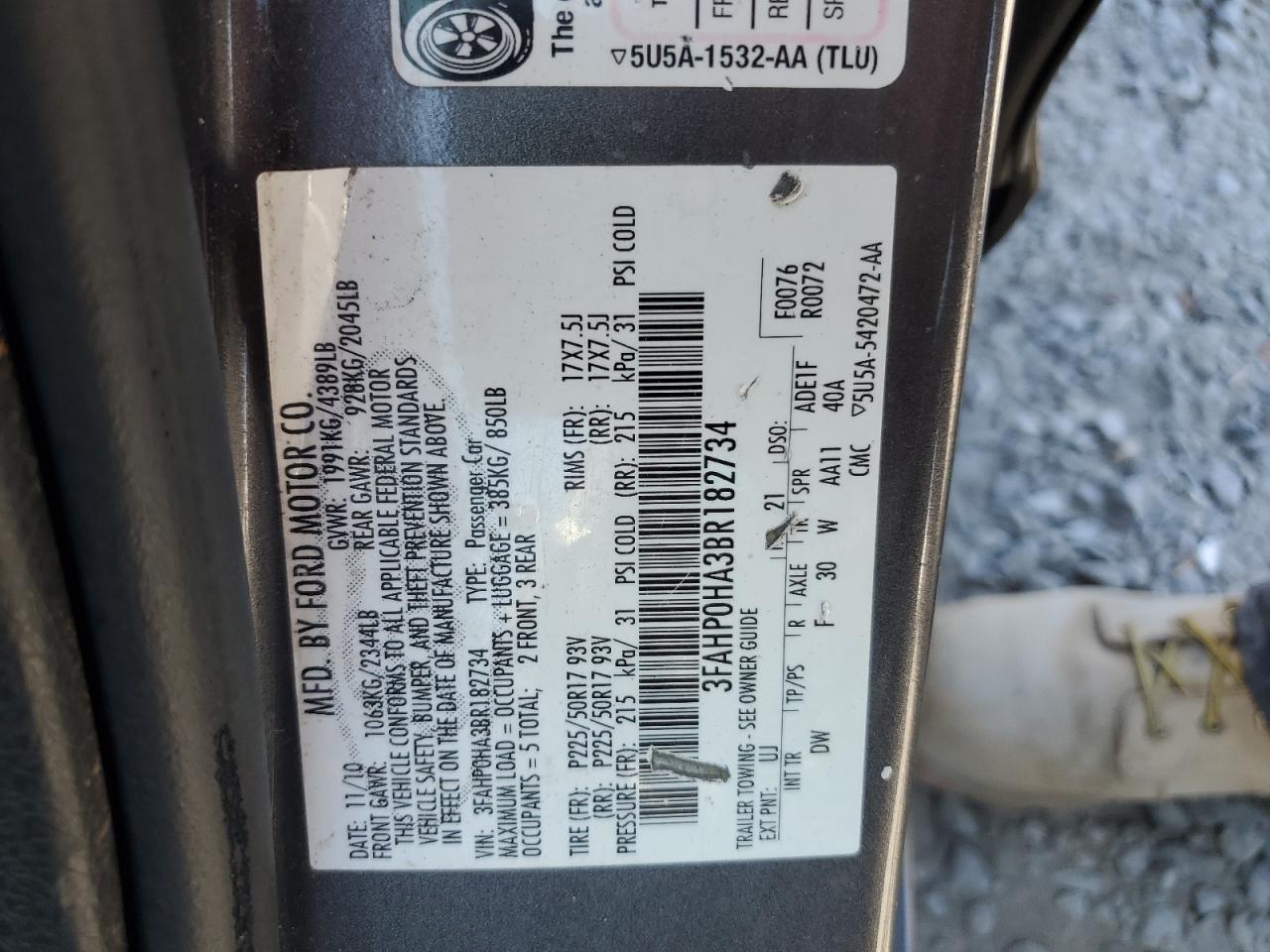 3FAHP0HA3BR182734 2011 Ford Fusion Se