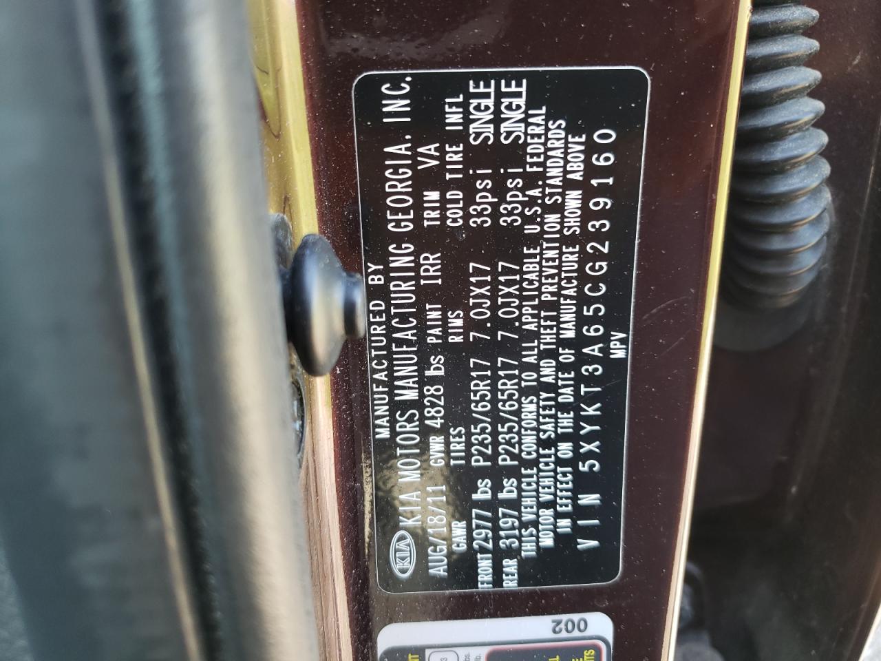 5XYKT3A65CG239160 2012 Kia Sorento Base