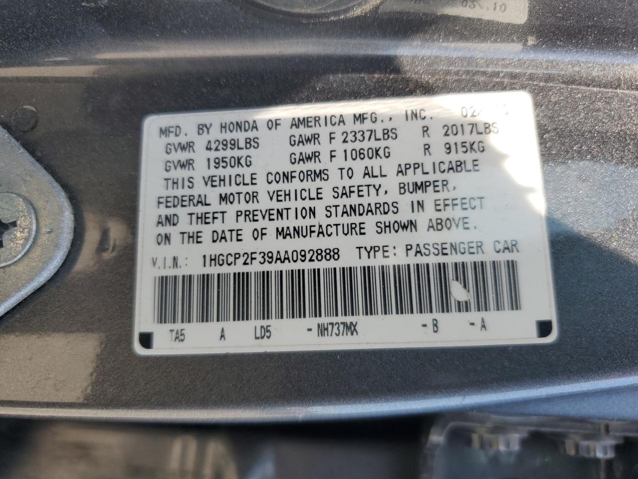 1HGCP2F39AA092888 2010 Honda Accord Lx