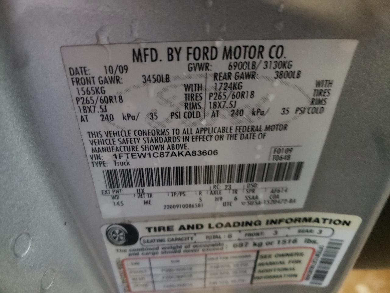 1FTEW1C87AKA83606 2010 Ford F150 Supercrew