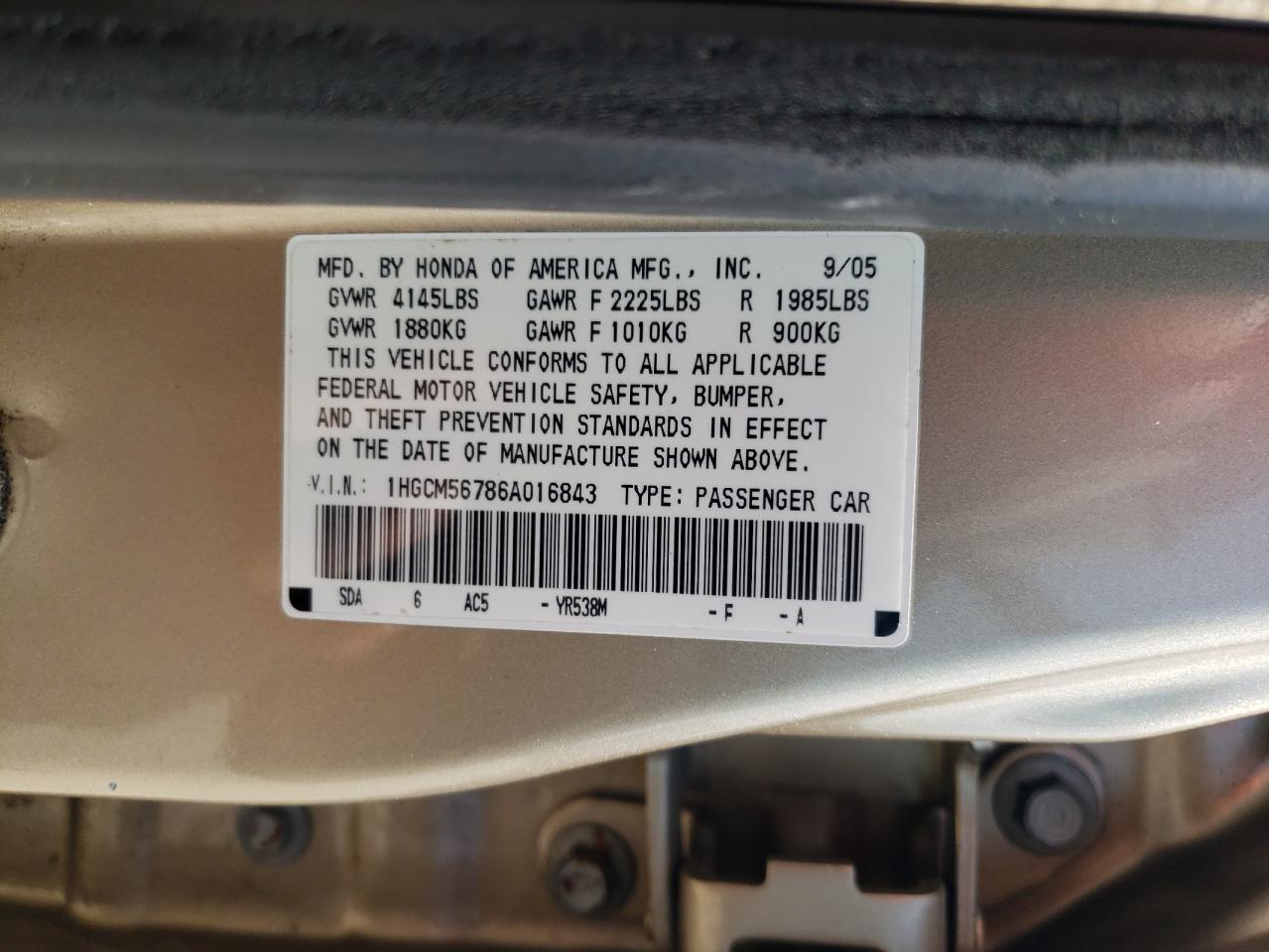 1HGCM56786A016843 2006 Honda Accord Ex
