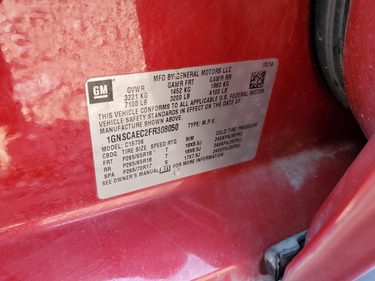 1GNSCAEC2FR308050 2015 Chevrolet Tahoe C1500 Ls