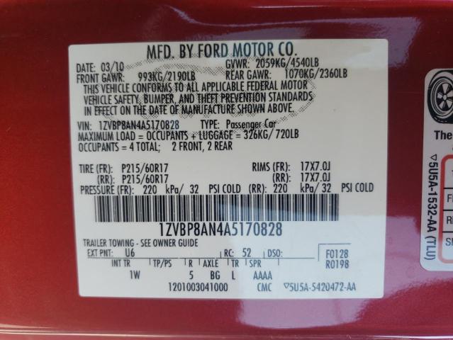 2010 Ford Mustang VIN: 1ZVBP8AN4A5170828 Lot: 59167744