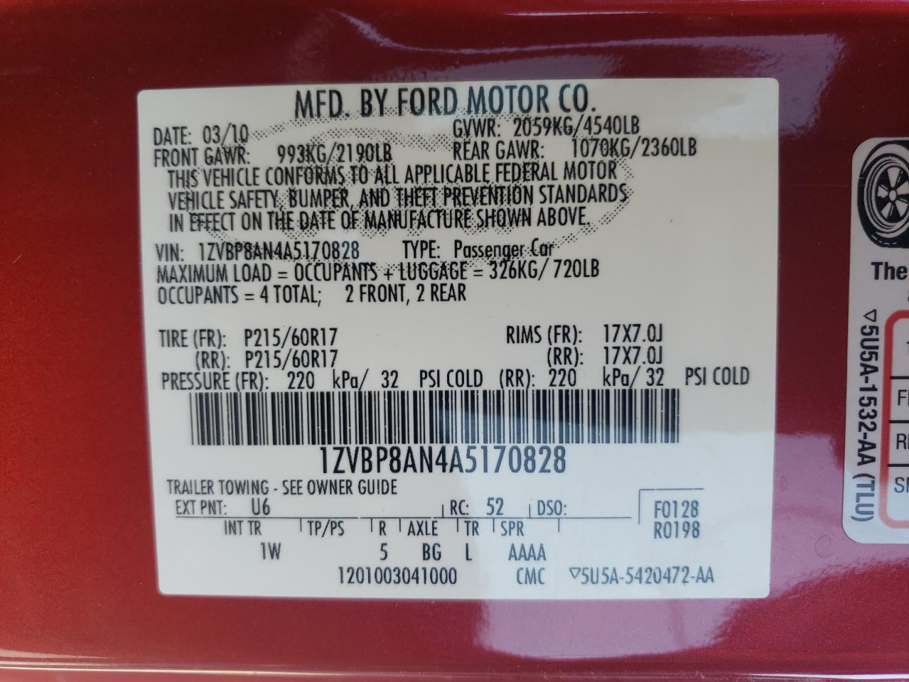 1ZVBP8AN4A5170828 2010 Ford Mustang