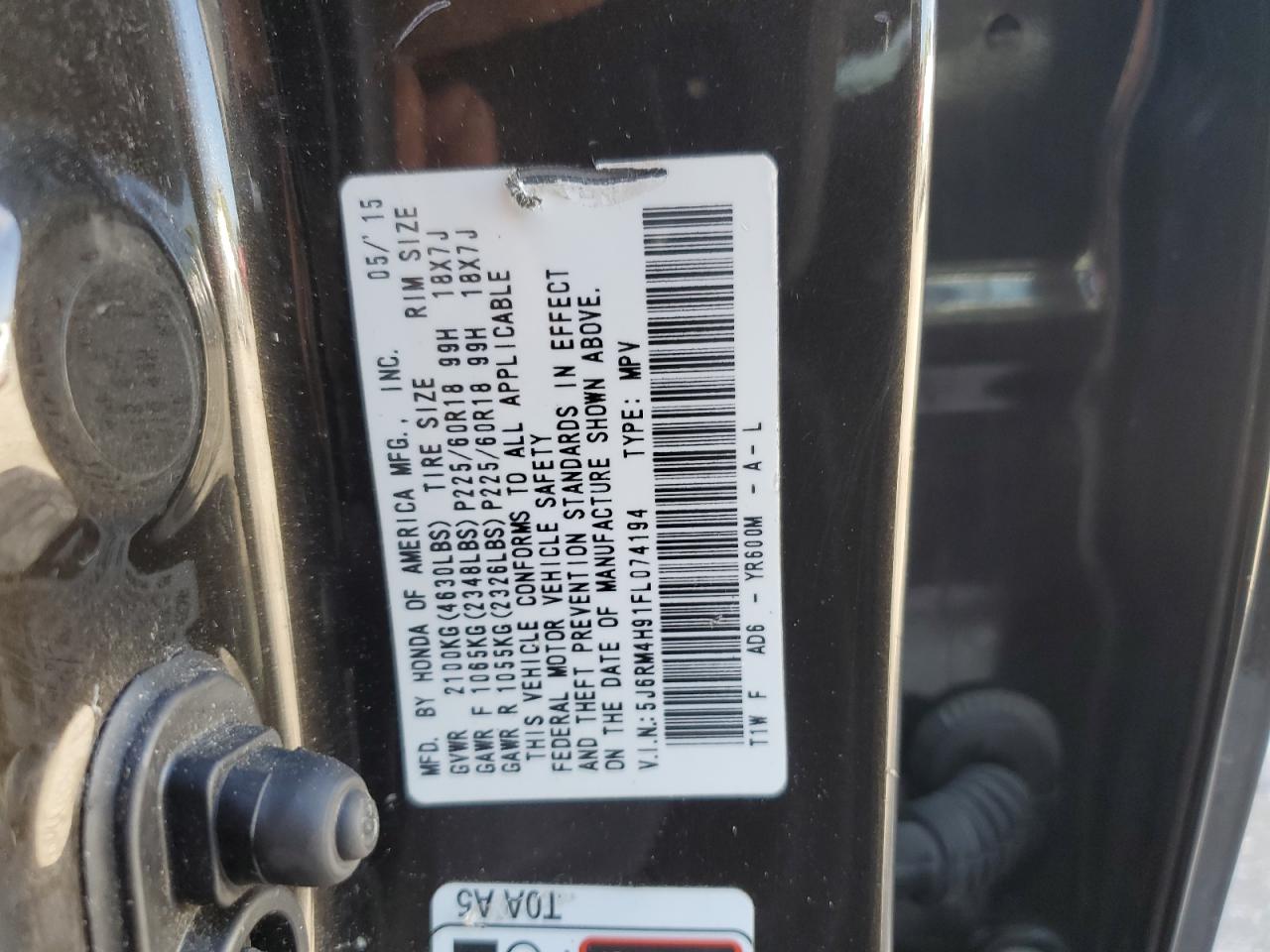 5J6RM4H91FL074194 2015 Honda Cr-V Touring