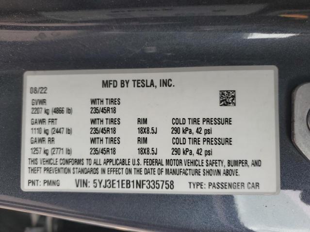 2022 Tesla Model 3 VIN: 5YJ3E1EB1NF335758 Lot: 58771814