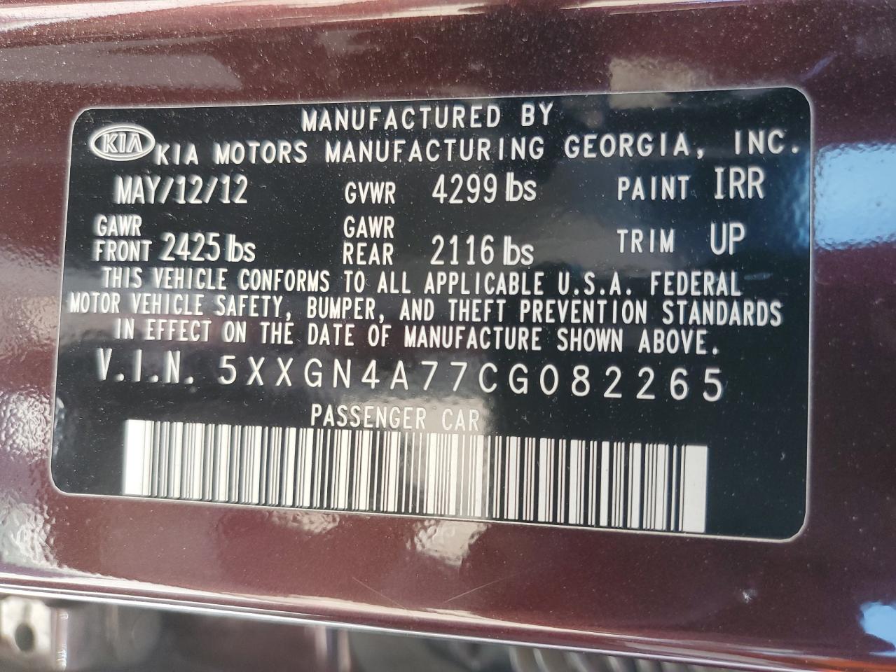 5XXGN4A77CG082265 2012 Kia Optima Ex