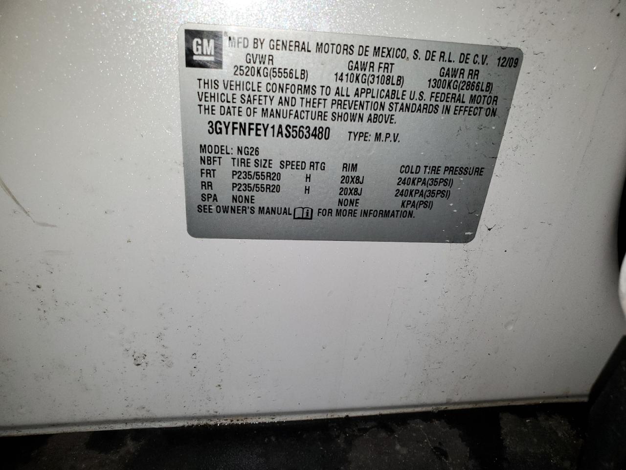 3GYFNFEY1AS563480 2010 Cadillac Srx Premium Collection