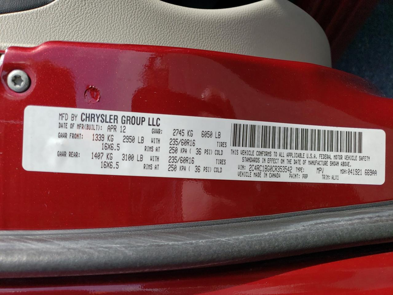 2C4RC1BG0CR353542 2012 Chrysler Town & Country Touring