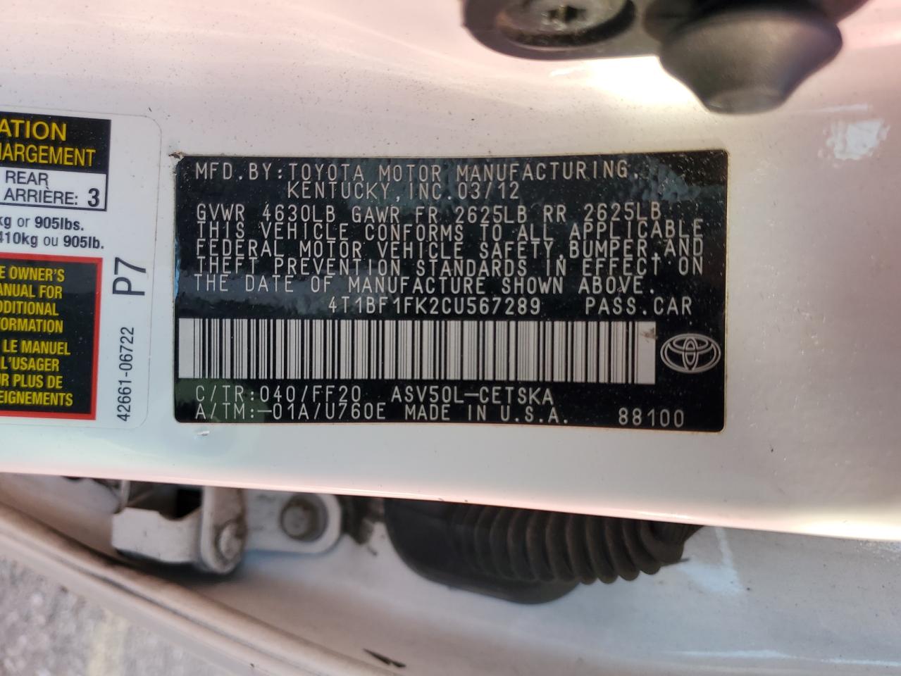 4T1BF1FK2CU567289 2012 Toyota Camry Base