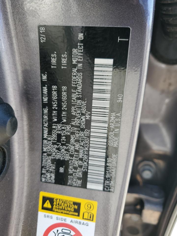 5TDKZRFH1KS307192 2019 Toyota Highlander Se