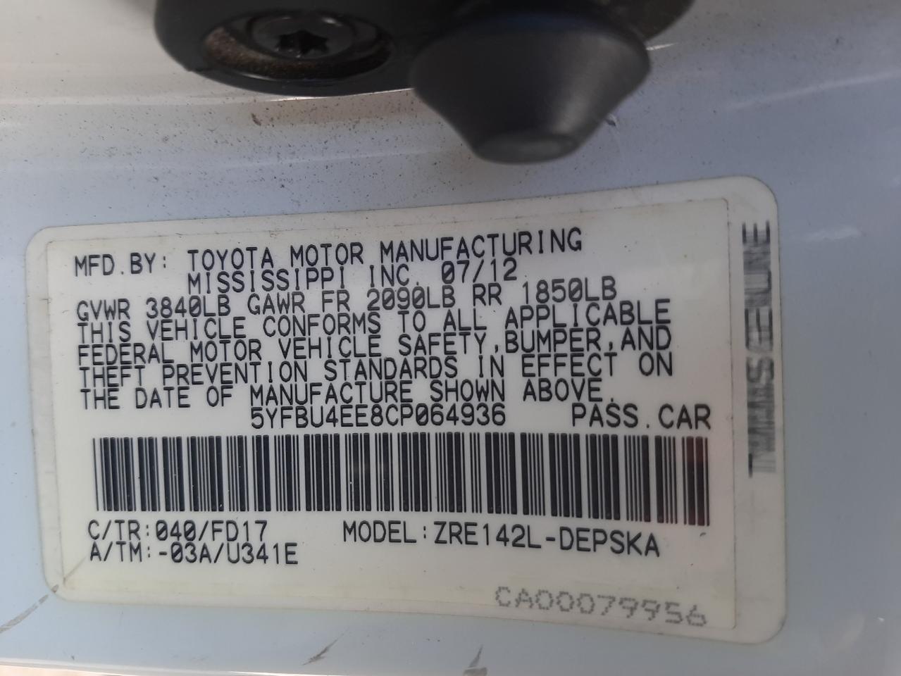 5YFBU4EE8CP064936 2012 Toyota Corolla Base