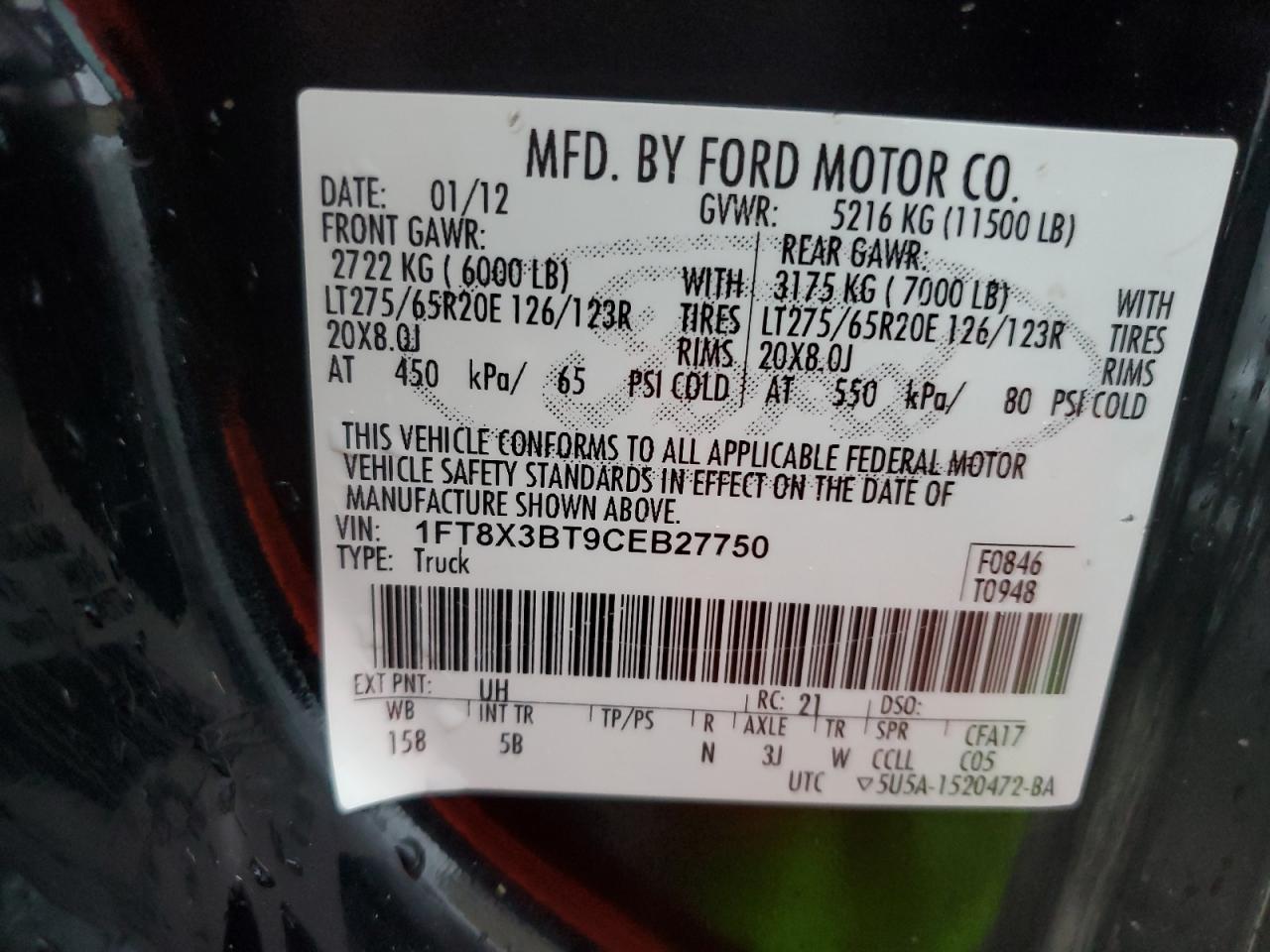 1FT8X3BT9CEB27750 2012 Ford F350 Super Duty