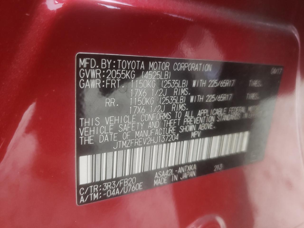 JTMZFREV2HJ137204 2017 Toyota Rav4 Le