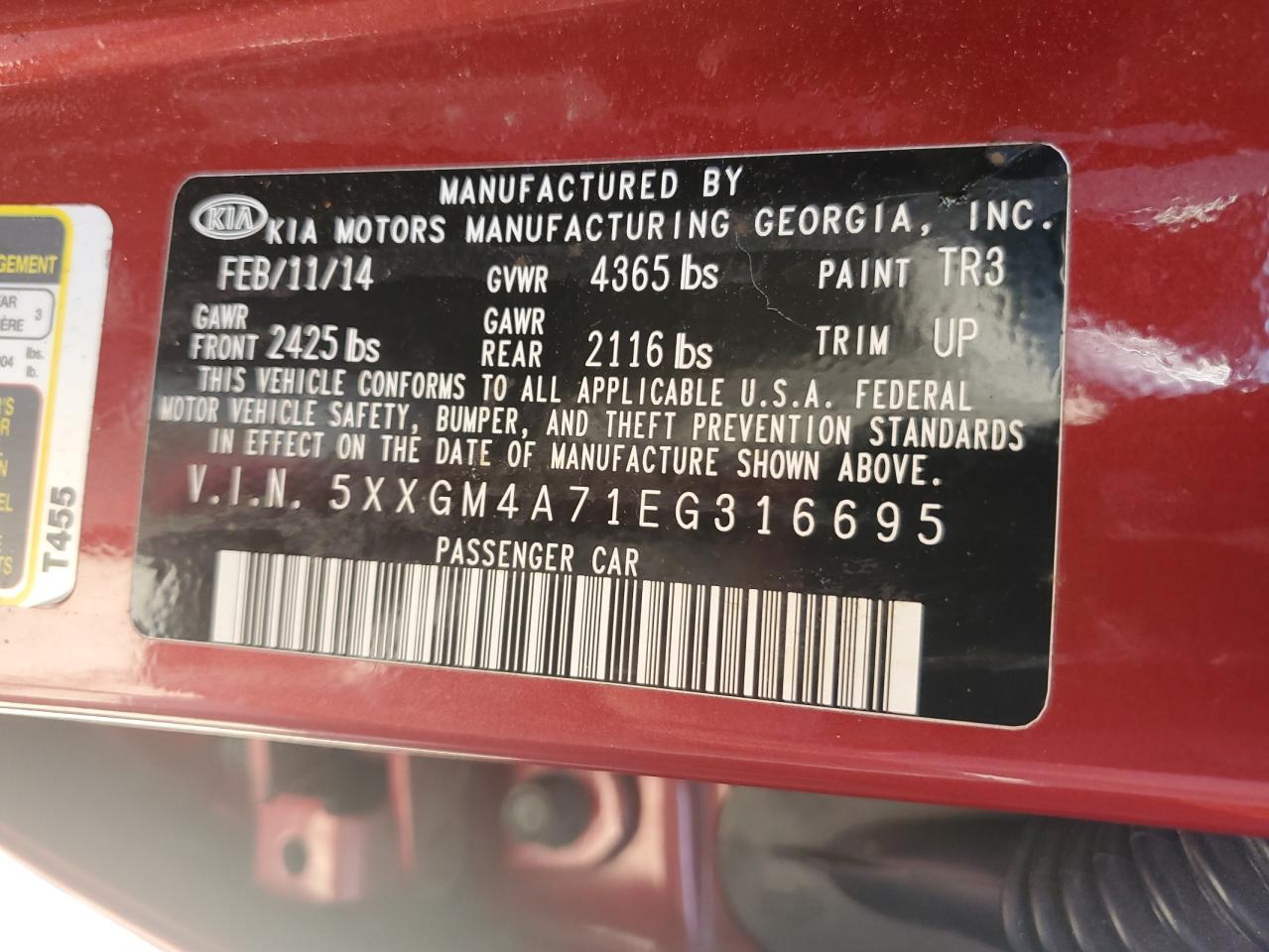 5XXGM4A71EG316695 2014 Kia Optima Lx