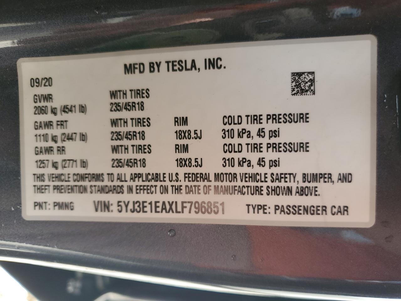 5YJ3E1EAXLF796851 2020 Tesla Model 3