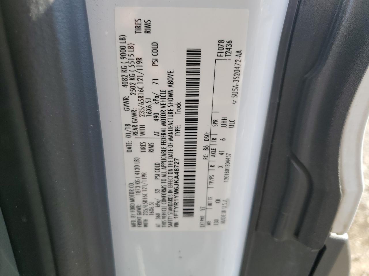 1FTYR1YM6JKA48727 2018 Ford Transit T-250