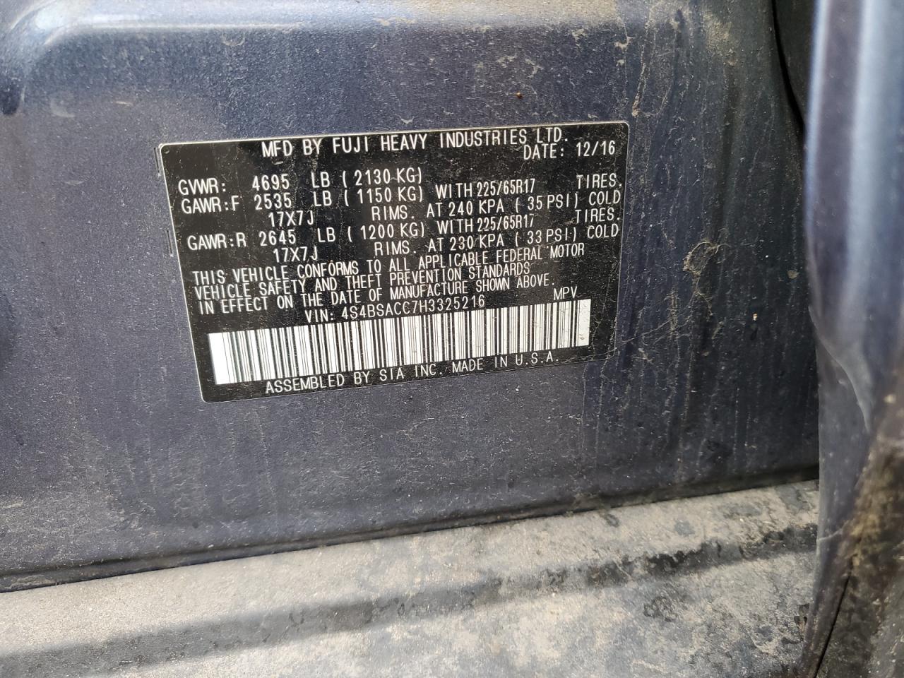 4S4BSACC7H3325216 2017 Subaru Outback 2.5I Premium