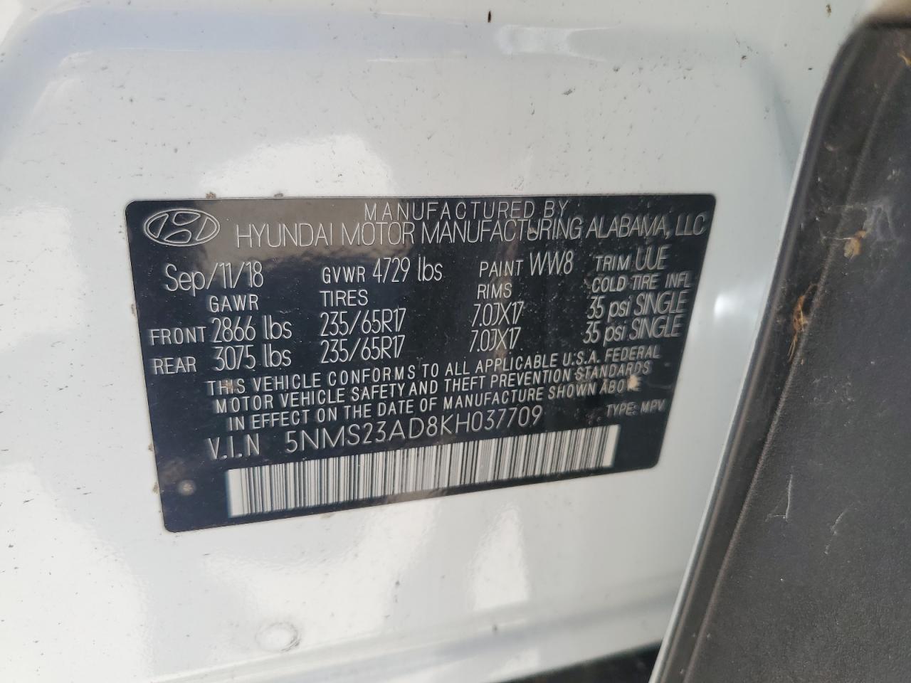 5NMS23AD8KH037709 2019 Hyundai Santa Fe Se