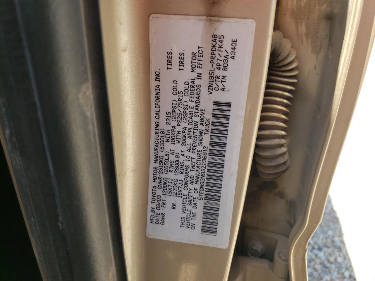 5TEGN92N93Z236812 2003 Toyota Tacoma Double Cab Prerunner