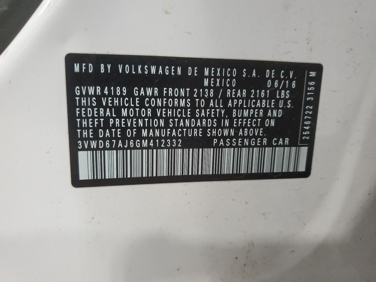 3VWD67AJ6GM412332 2016 Volkswagen Jetta Se