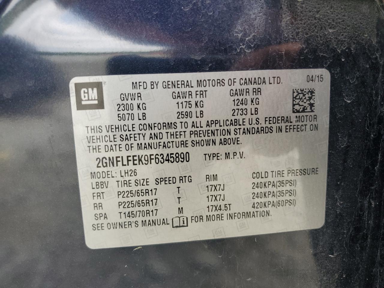 2GNFLFEK9F6345890 2015 Chevrolet Equinox Lt