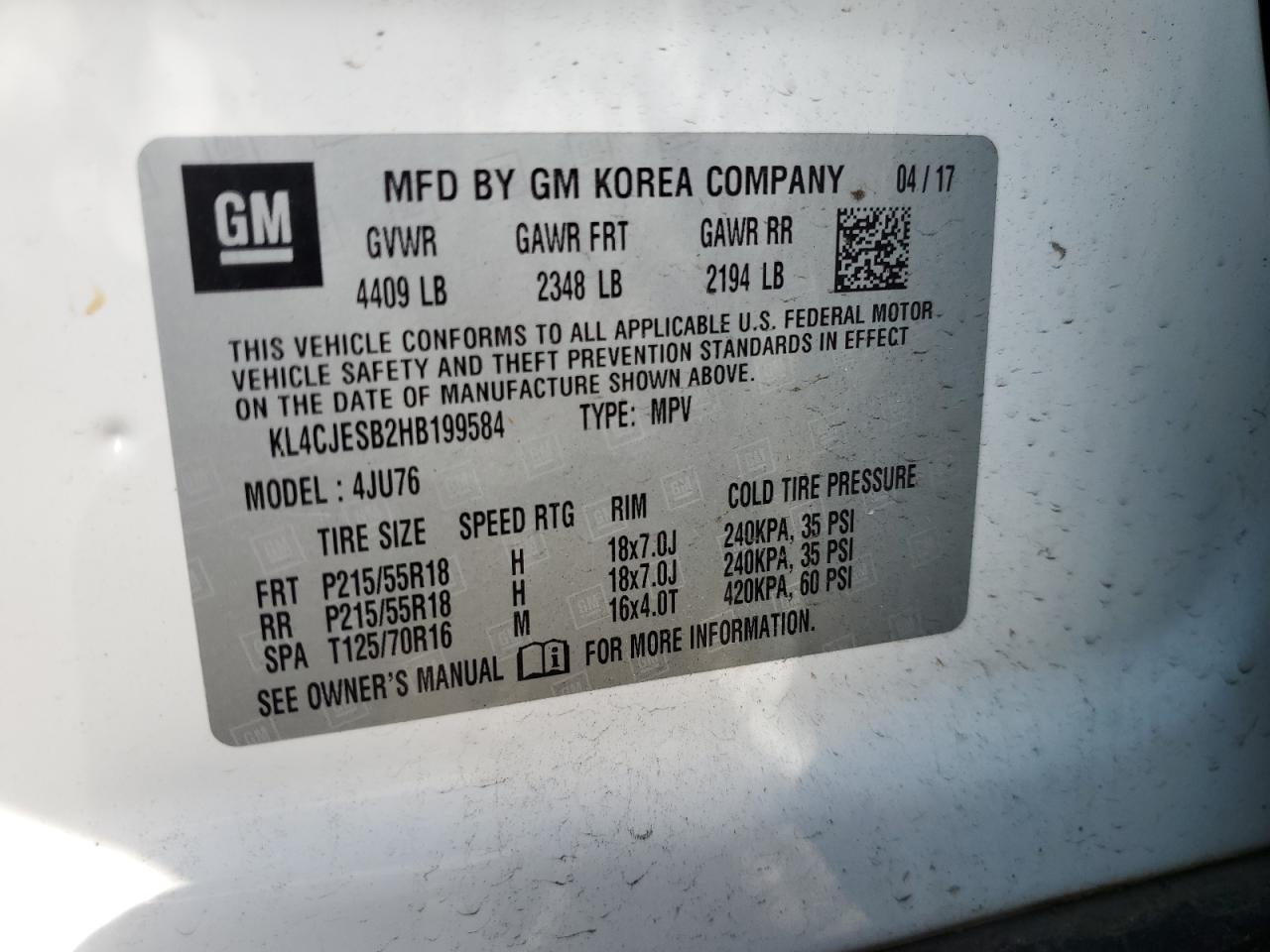 KL4CJESB2HB199584 2017 Buick Encore Preferred