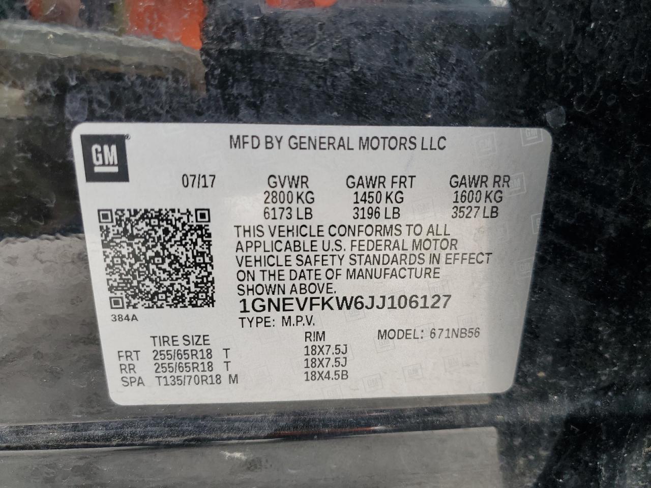 1GNEVFKW6JJ106127 2018 Chevrolet Traverse Ls