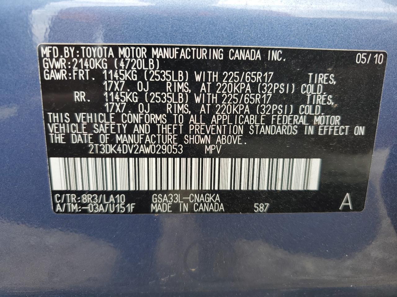 2T3DK4DV2AW029053 2010 Toyota Rav4 Limited