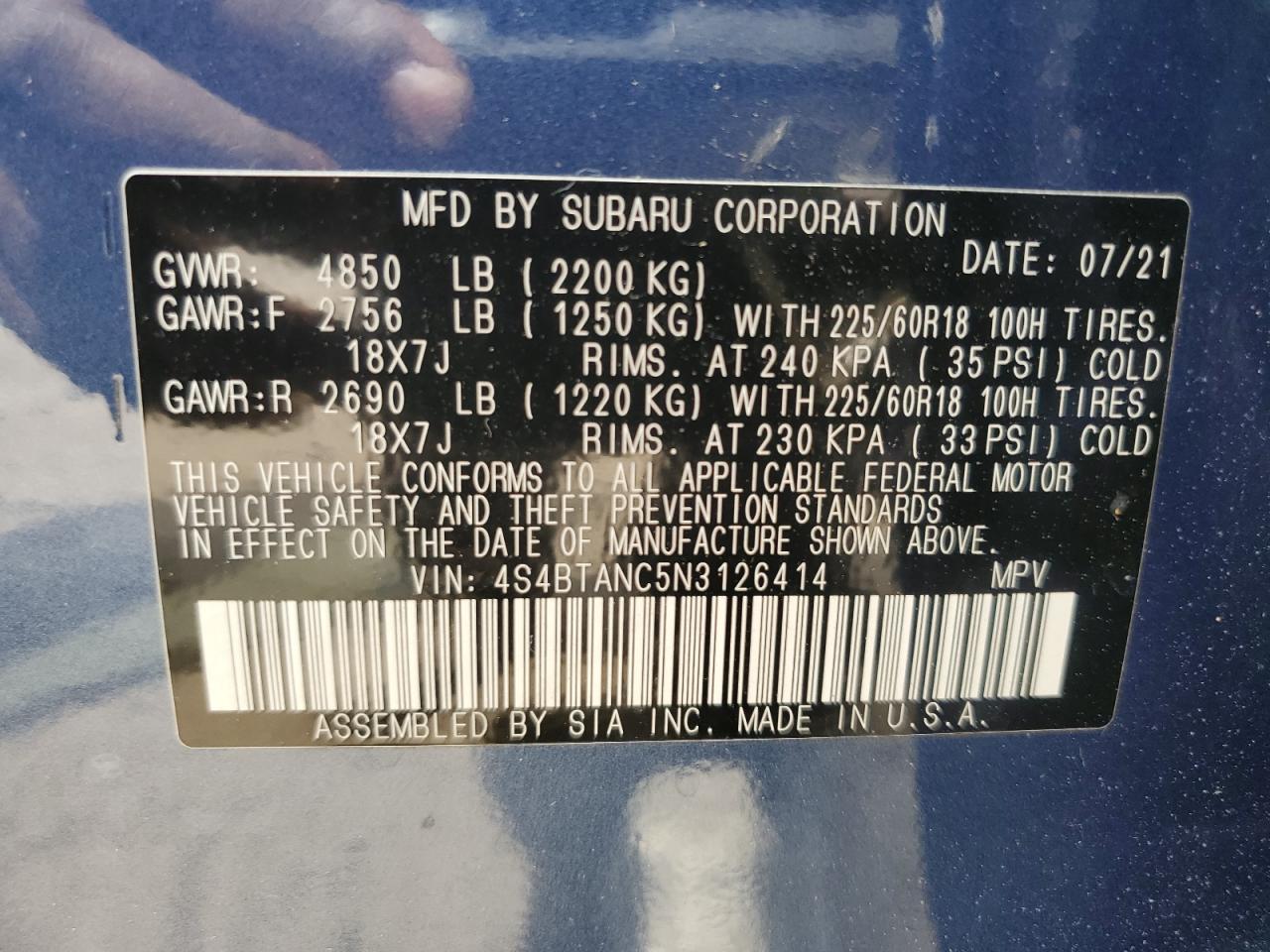 4S4BTANC5N3126414 2022 Subaru Outback Limited