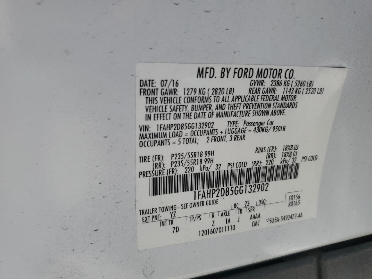 1FAHP2D85GG132902 2016 Ford Taurus Se