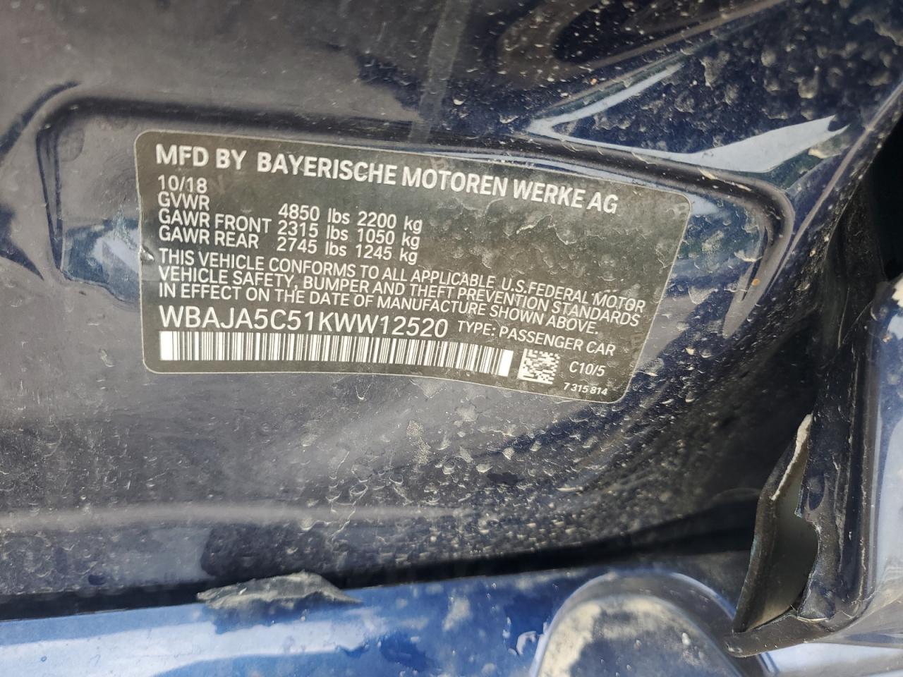 WBAJA5C51KWW12520 2019 BMW 530 I