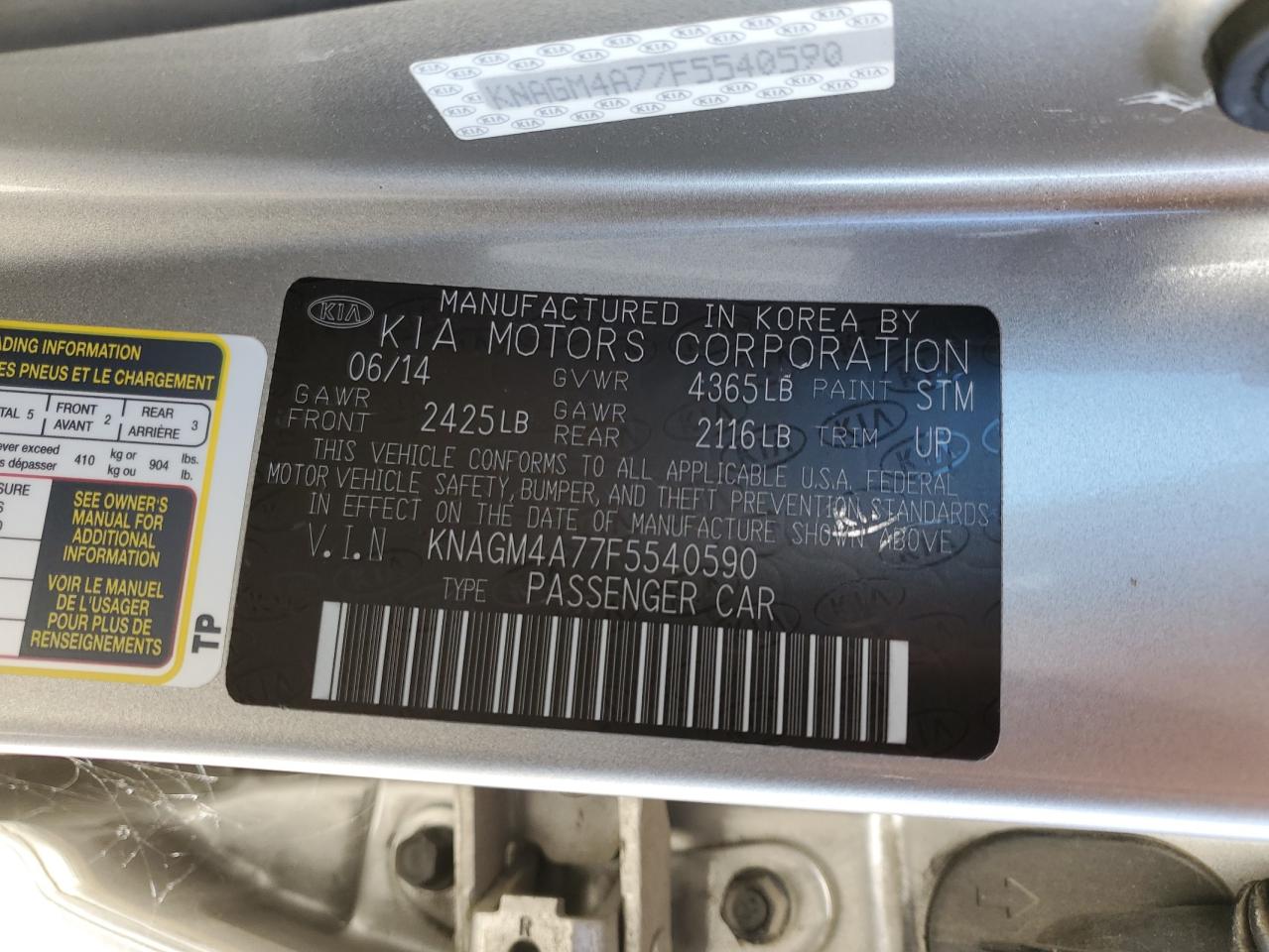 KNAGM4A77F5540590 2015 Kia Optima Lx