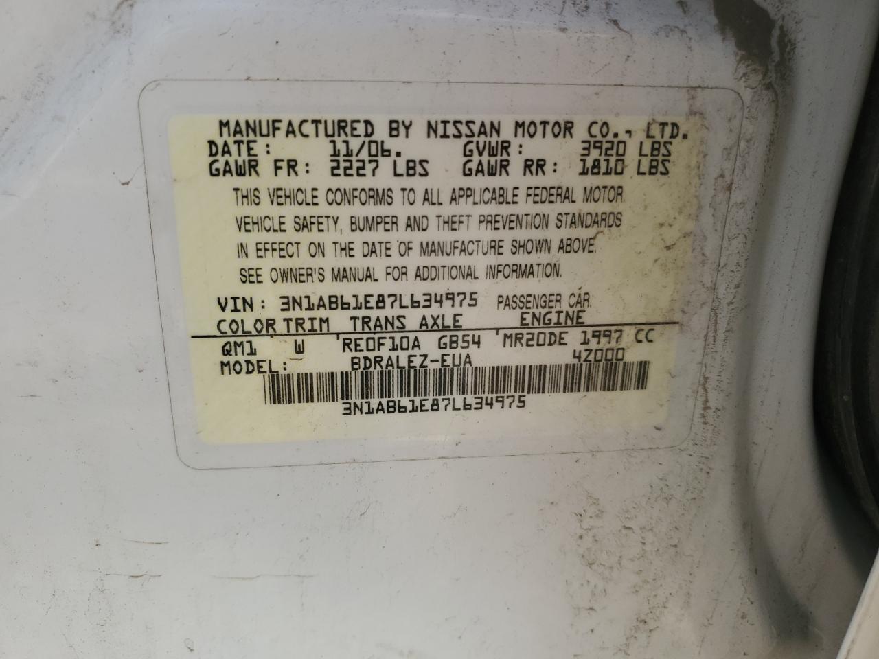 3N1AB61E87L634975 2007 Nissan Sentra 2.0