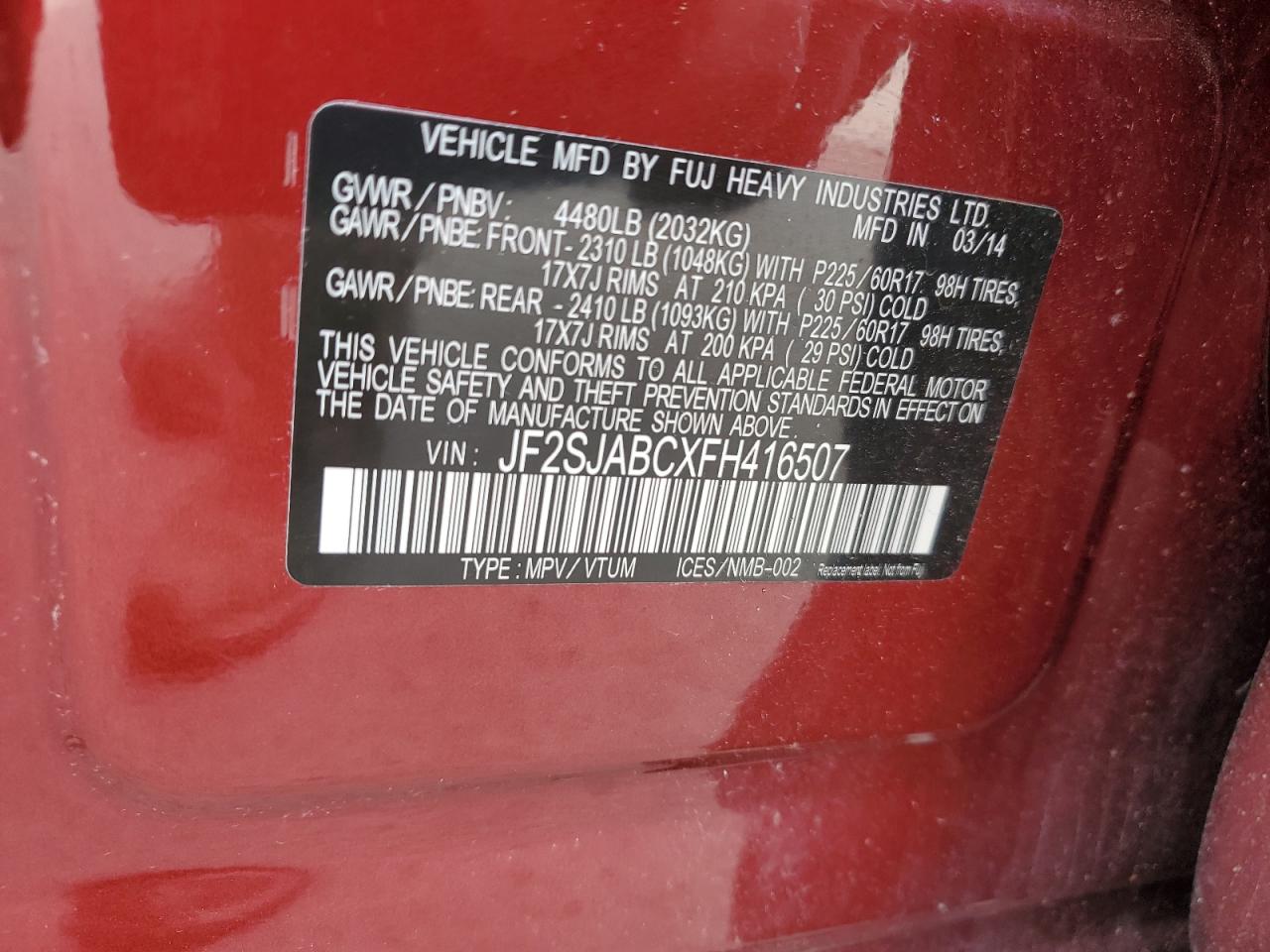 JF2SJABCXFH416507 2015 Subaru Forester 2.5I