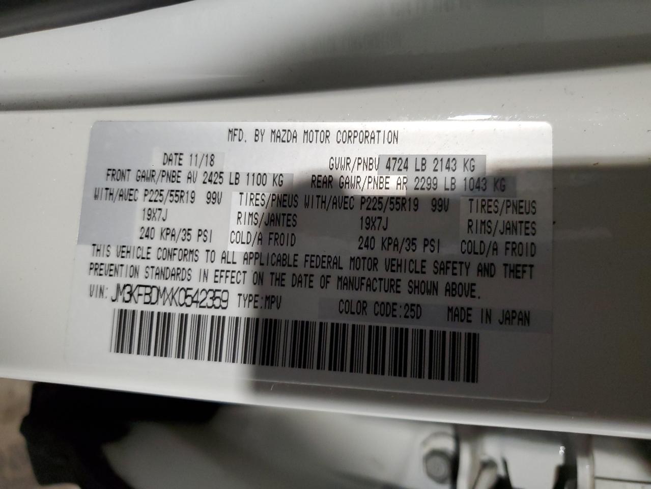 JM3KFBDMXK0542359 2019 Mazda Cx-5 Grand Touring