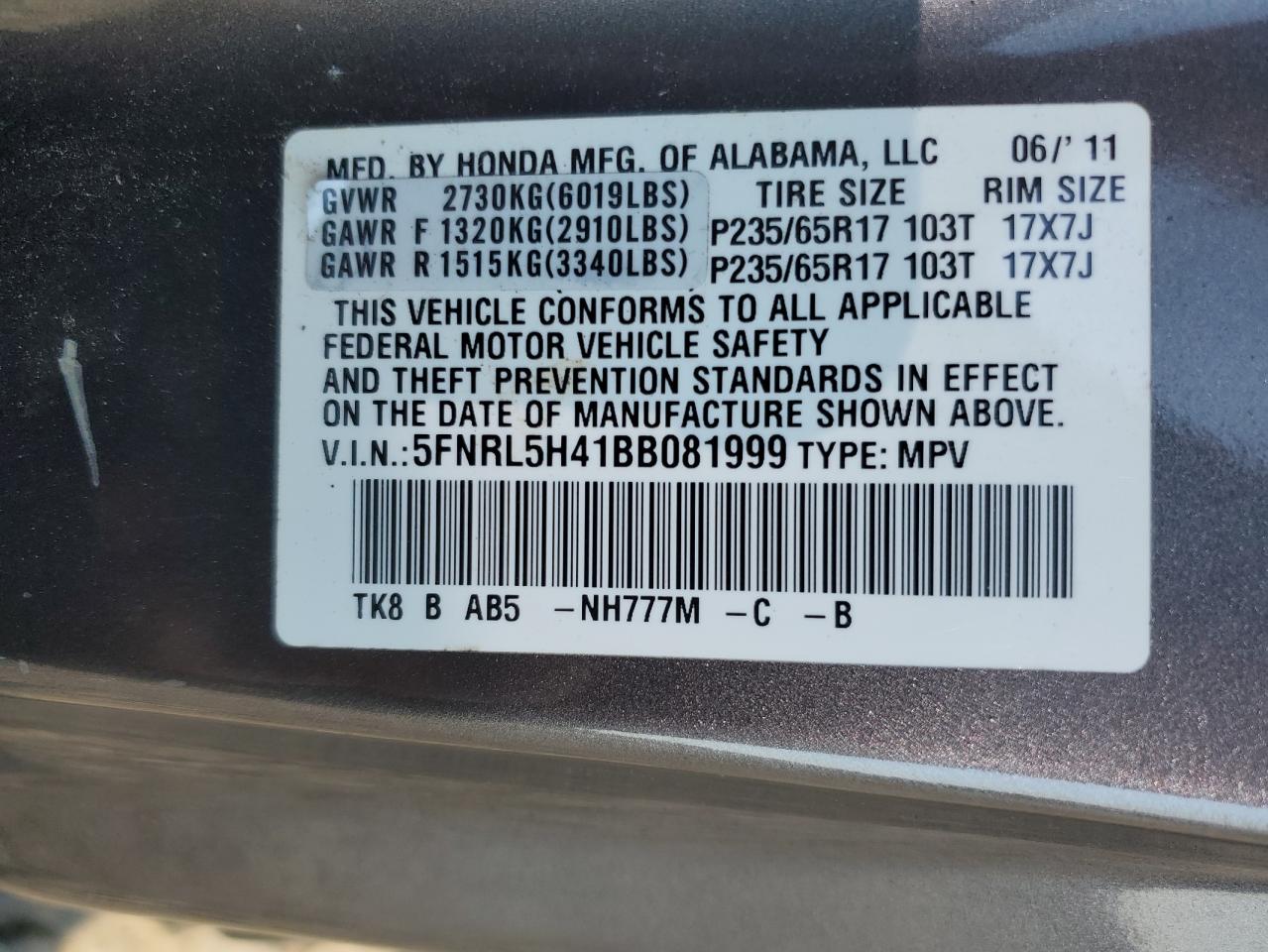 5FNRL5H41BB081999 2011 Honda Odyssey Ex