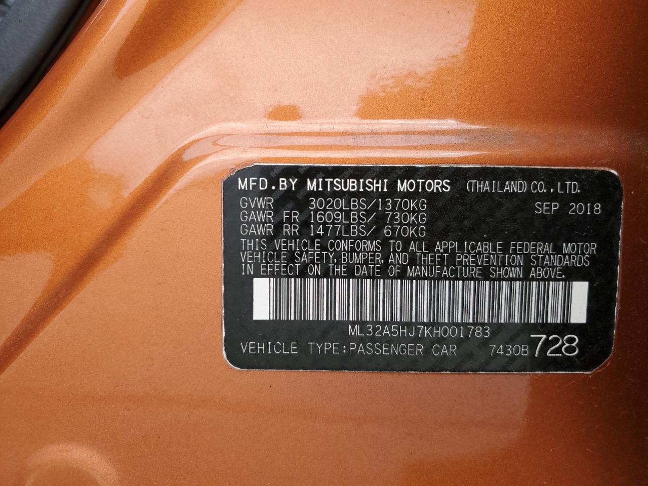 ML32A5HJ7KH001783 2019 Mitsubishi Mirage Le