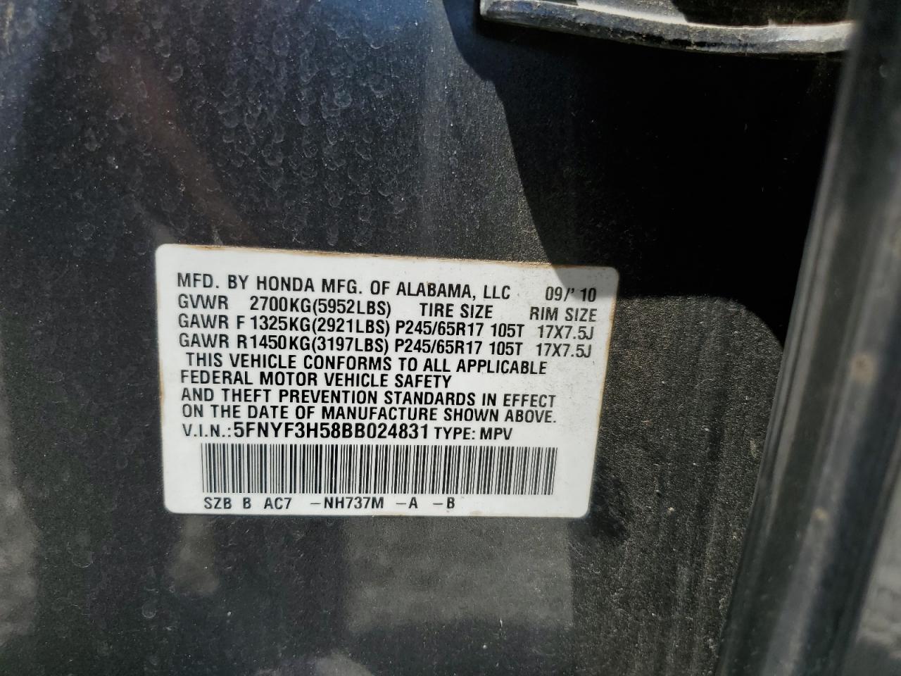 5FNYF3H58BB024831 2011 Honda Pilot Exl