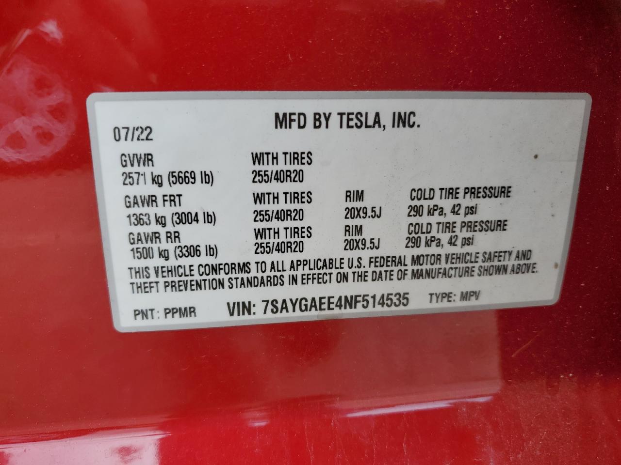 7SAYGAEE4NF514535 2022 Tesla Model Y