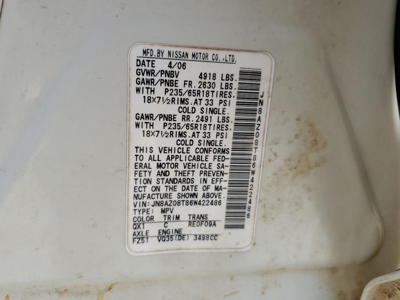 JN8AZ08T86W422486 2006 Nissan Murano Sl